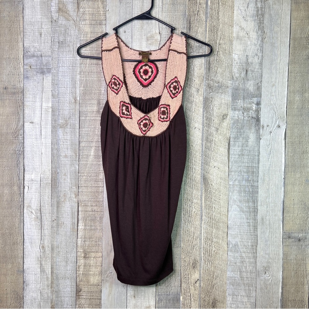 Copper Key Size Small Brown & Tan & Pink Tunic Top Crochet Neck Racerback